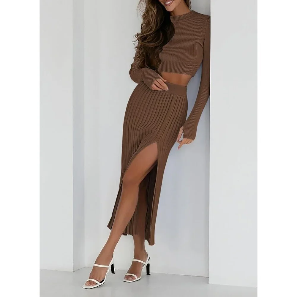 Women's Knit Sweater Outfits Set Medium Ribbed Crop Top Maxi Skirt - Picture 2 of 6